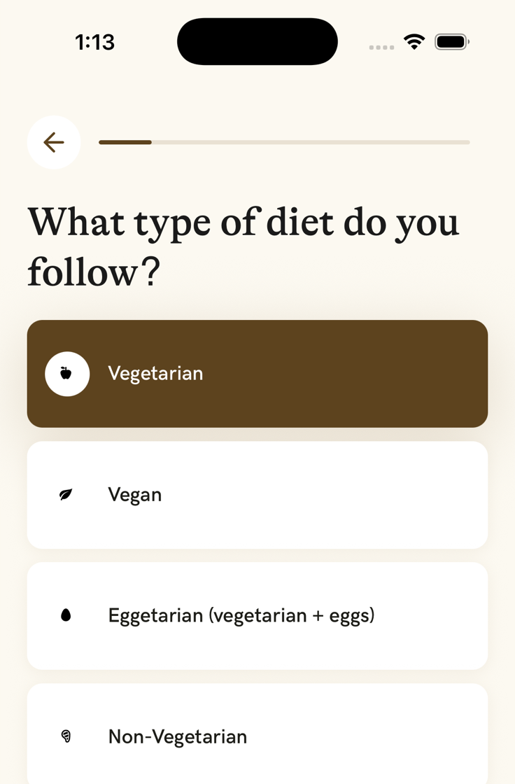 Numotiv onboarding diet preference screen with Vegetarian selected