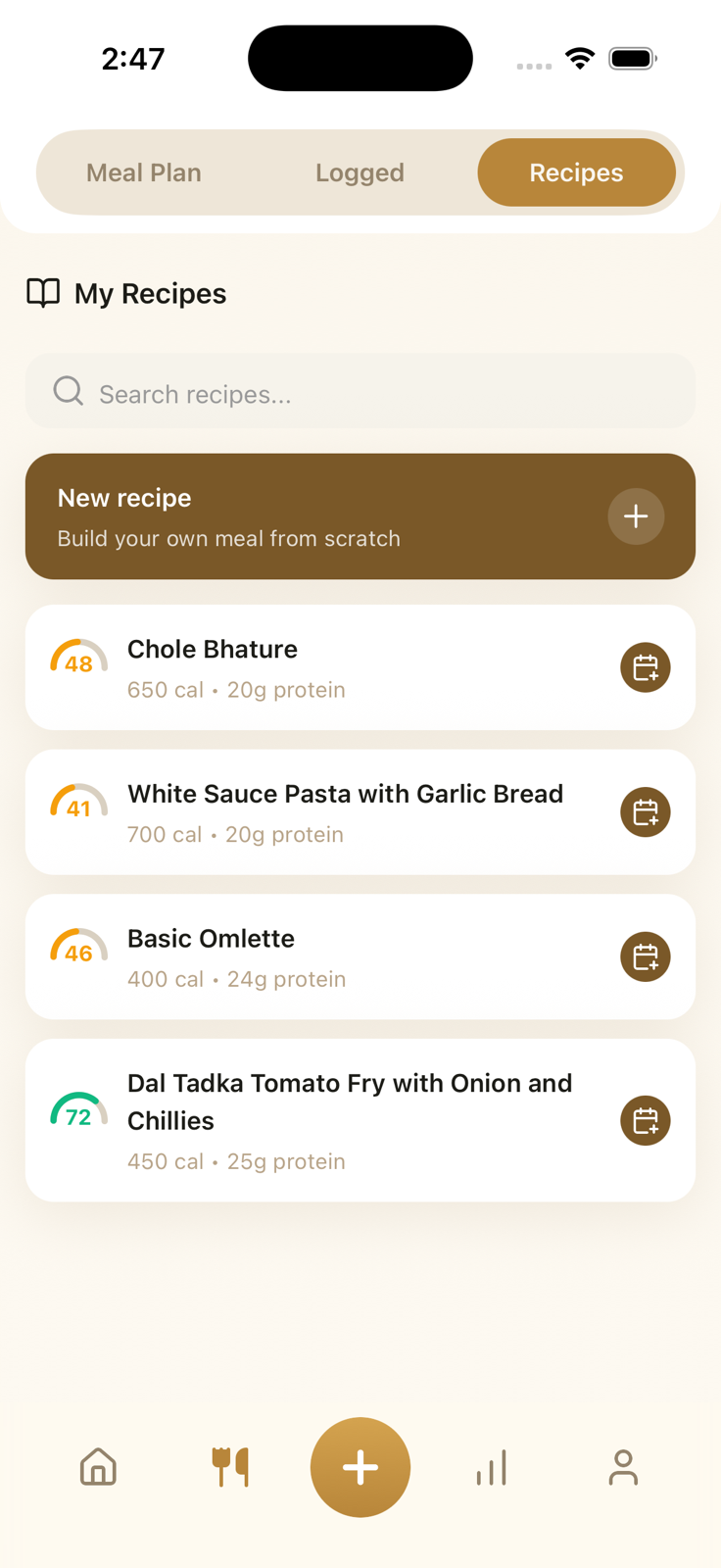 Saved Recipes screen with recipe search, a new recipe action, nutrition scores, and log controls