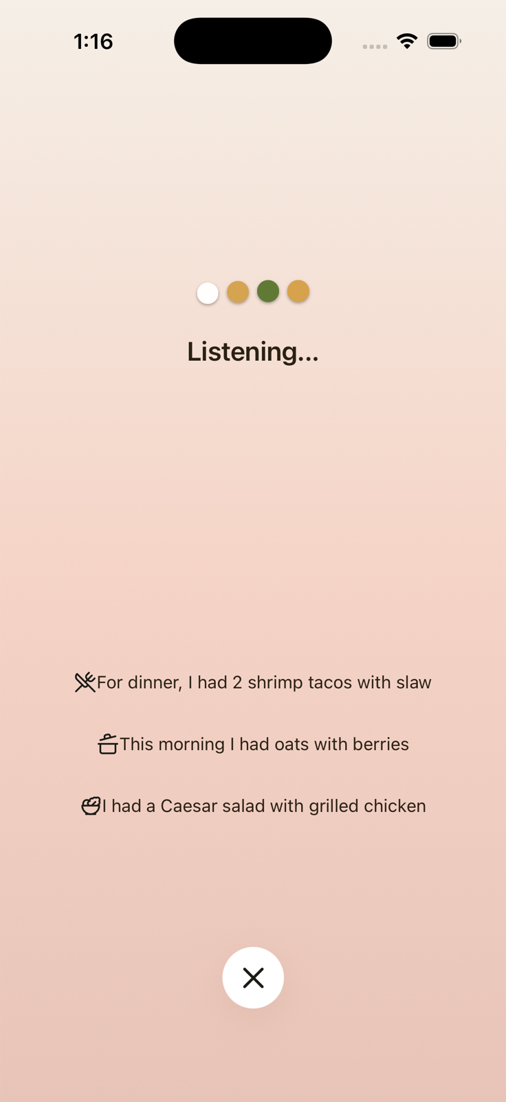 Voice meal logging screen listening for a naturally spoken meal description